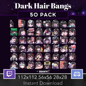Puede incluir: Un conjunto de 50 emotes de Twitch y Discord con flequillo de pelo oscuro. Los emotes presentan una variedad de expresiones y poses, incluyendo un personaje con un corazón, un personaje con una corona, un personaje con una taza de café y un personaje con un mando de juego. Los emotes están disponibles en tres tamaños: 112x112, 56x56 y 28x28. El texto "Dark Hair Bangs 50 PACK" está en la parte superior de la imagen. El texto "+ more!" está debajo de los emotes. El texto "112x112 56x56 28x28 Instant Download" está en la parte inferior de la imagen.