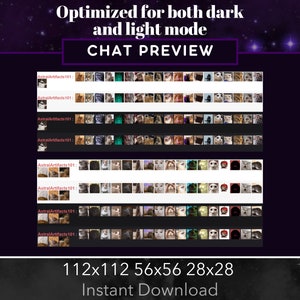 May include: A preview of a digital product featuring a grid of 64 images of cats in various poses and expressions. The images are in different sizes: 112x112 pixels, 56x56 pixels, and 28x28 pixels. The text "AstralArtifacts 101" appears multiple times on the image. The text "112x112 56x56 28x28" and "Instant Download" appear at the bottom of the image.