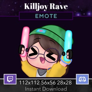 Könnte beinhalten: Eine Cartoon-Illustration einer Figur mit grünen Haaren und einer grünen Mütze, die eine Brille und eine gelbe Jacke trägt und zwei leuchtende Leuchtstäbe hält, mit dem Text "Killjoy Rave EMOTE" über der Figur.