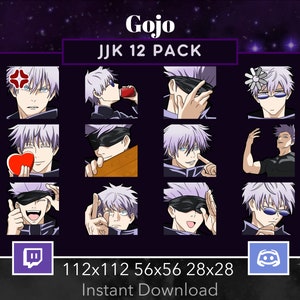 May include: A set of 12 Gojo Satoru character stickers in various poses. The stickers are in a grid format with a purple background. The text "Gojo JJK 12 PACK" is at the top of the image. The text "112x112 56x56 28x28 Instant Download" is at the bottom of the image.
