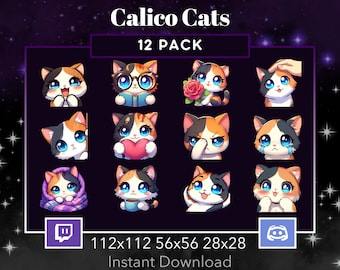 Calico Cat 12 Pack. Emote, Animal, Twitch, Discord, Youtube, Stream, Printable, Chibi, Happy, Cute, Laugh , Cozy, Cry, Nerd, Blush, Head pat