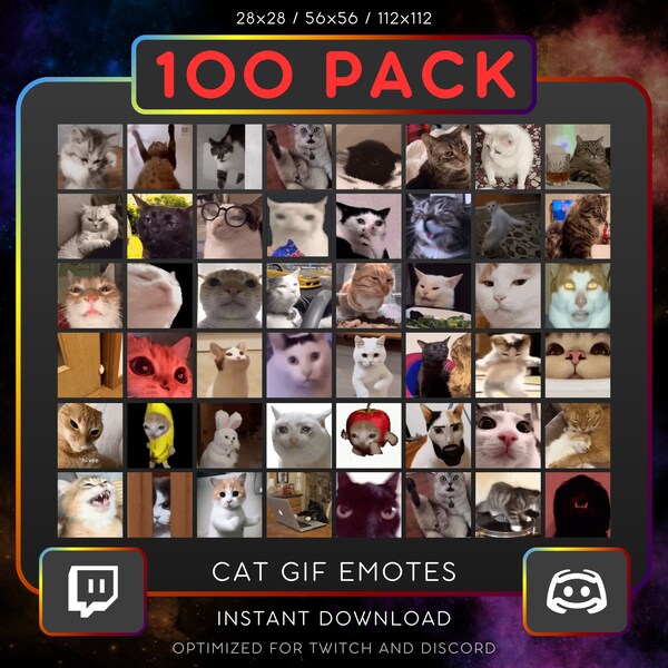 Cat Meme geanimeerd 100-pack, bundel. Emote, Twitch, Onenigheid, Stream, Afdrukbaar, Sus, Drifting, Dansen, Omegalul, Grappig, GIF, Doden, Huh