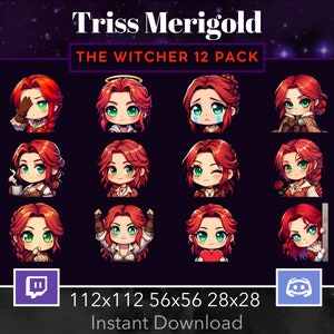 Puede incluir: Un conjunto de 12 emoticonos digitales de Twitch y Discord que representan a una mujer pelirroja con diferentes expresiones. Los emoticonos están en formato de cuadrícula con el texto "Trist Merigold THE WITCHER 12 PACK" en la parte superior. Los emoticonos están disponibles en tres tamaños: 112x112, 56x56 y 28x28. El texto "Descarga instantánea" está en la parte inferior.