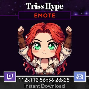 May include: A digital illustration of a red-haired woman with green eyes, wearing a white shirt and brown leather bracers, with her arms raised in the air. The image is a Twitch emote called "Tress Hype".