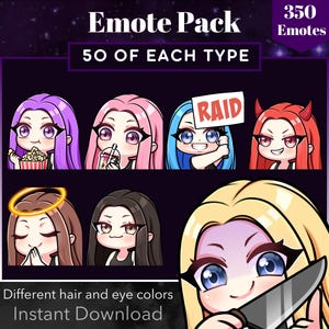 350 体のちびガール、表示されているすべての色を含むパック セット エモート、Twitch、Discord、女性、スレイ、目 egirl、ゲーマー、カスタム、スレイ、Uwu