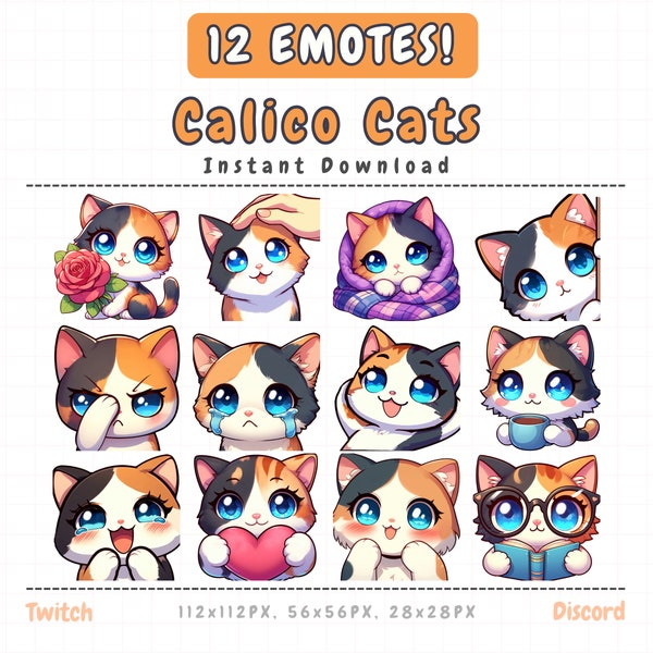 Calico Cat 12 Pack. Emote, Animal, Twitch, Discord, Youtube, Stream, Printable, Chibi, Happy, Cute, Laugh , Cozy, Cry, Nerd, Blush, Head pat