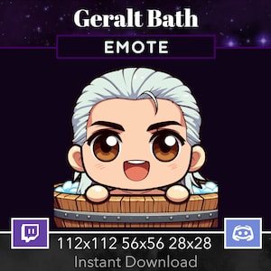 May include: A cartoon illustration of a white-haired man in a bathtub, with the text "Geralt Bath EMOTE" above him. The image is a Twitch emote, with the Twitch and Discord logos at the bottom.