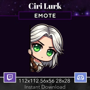May include: Digital emote featuring a chibi-style character with white hair and green eyes, peeking from behind a dark purple background. The text "Ciri Lurk" and "EMOTE" are displayed at the top. Includes Twitch and Discord logos, and size dimensions.