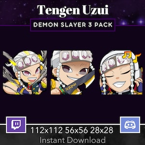 May include: Three digital illustrations of Tengen Uzui from Demon Slayer. The images are in a 3-pack set. The first image shows Tengen with his sword drawn, the second image shows Tengen with his sword in his hand, and the third image shows Tengen with his eyes closed and headphones on. The images are in a purple and black background with stars.