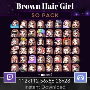 茶色の髪、茶色の目の女の子の絵文字 50 パック、バンドル Twitch、Discord、ストリーム、ちび、かわいい、カワイイ、Uno、ピエロ、e ガール、愛、女性、スレイ、食べる