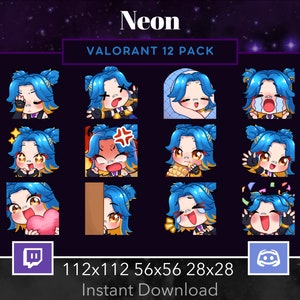 May include: A set of 12 Valorant Neon emotes in various poses and expressions. The emotes are in a grid format with a purple background and a banner that reads "VALORANT 12 PACK". The emotes are 112x112, 56x56, and 28x28 pixels.
