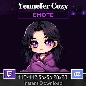 May include: A purple and black animated emote of a woman with long dark hair, wearing a purple robe and smiling. The text "EMOTE" is above the image. The text "112x112 56x56 28x28 Instant Download" is below the image.