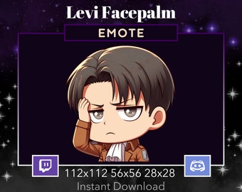 May include: A cartoon illustration of a character with brown hair and brown eyes, wearing a brown jacket and white shirt, with a hand on their forehead, as if they are facepalming. The image is labeled "Levi Facepalm EMOTE" and includes the text "112x112 56x56 28x28 Instant Download".