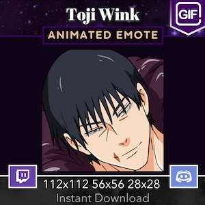 May include: Animated GIF emote of a man with black hair and a purple shirt, winking. The text "Toji Wink" and "Animated Emote" are above the image. The text "112x112 56x56 28x28 Instant Download" is below the image.
