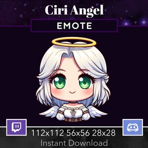 May include: A digital illustration of a cartoon angel with white hair, green eyes, and a halo. The angel is wearing a white dress with a brown belt and has wings. The image is set against a dark purple background with stars. The text "Ciri Angel EMOTE" is at the top of the image. The text "112x112 56x56 28x28 Instant Download" is at the bottom of the image.