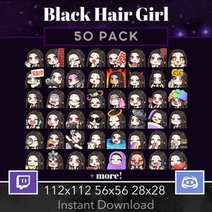 黒髪、茶色の目の女の子の絵文字 50 個パック、バンドル Twitch、Discord、ストリーム、ちび、かわいい、カワイイ、Uno、ピエロ、e ガール、愛、女性、スレイ、食べる