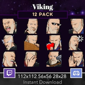 May include: A set of 12 animated Twitch and Discord emotes featuring a cartoon Viking with different expressions. The emotes are available in three sizes: 112x112, 56x56, and 28x28. The text "Viking 12 PACK" is displayed at the top of the image. The text "Instant Download" is displayed at the bottom of the image.