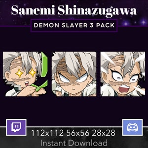 Pode incluir: Um pacote de download digital de três emojis animados com Sanemi Shinazugawa de Demon Slayer. Os emojis têm diferentes expressões, incluindo uma expressão de surpresa com olhos brilhantes, uma expressão de raiva com as sobrancelhas franzidas e uma expressão de choque com a boca aberta. Os emojis estão disponíveis em três tamanhos: 112x112, 56x56 e 28x28. O pacote está disponível para download instantâneo.