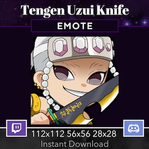 May include: A digital illustration of a cartoon character with a knife. The character has white hair, a black and gold outfit, and a mischievous grin. The character is holding a knife with a gold handle and a black blade. The image is set against a purple background with stars. The text "Tengen Uzui Knife" and "EMOTE" are displayed above the character. The text "112x112 56x56 28x28" is displayed below the character.