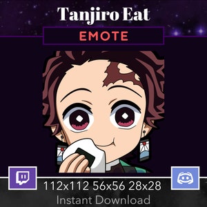 Pode incluir: Uma ilustração digital de um personagem de desenho animado com cabelo castanho, olhos vermelhos e uma roupa verde e preta comendo uma bola de arroz branca. O personagem está sorrindo e tem uma expressão feliz. A imagem está sobre um fundo roxo escuro com estrelas brancas. O texto "Tanjiro Eat" está no topo da imagem, e o texto "EMOTE" está em uma caixa branca abaixo. O texto "112x112 56x56 28x28" está abaixo do personagem, e o texto "Download instantâneo" está abaixo disso. A imagem inclui os logotipos do Twitch e Discord.