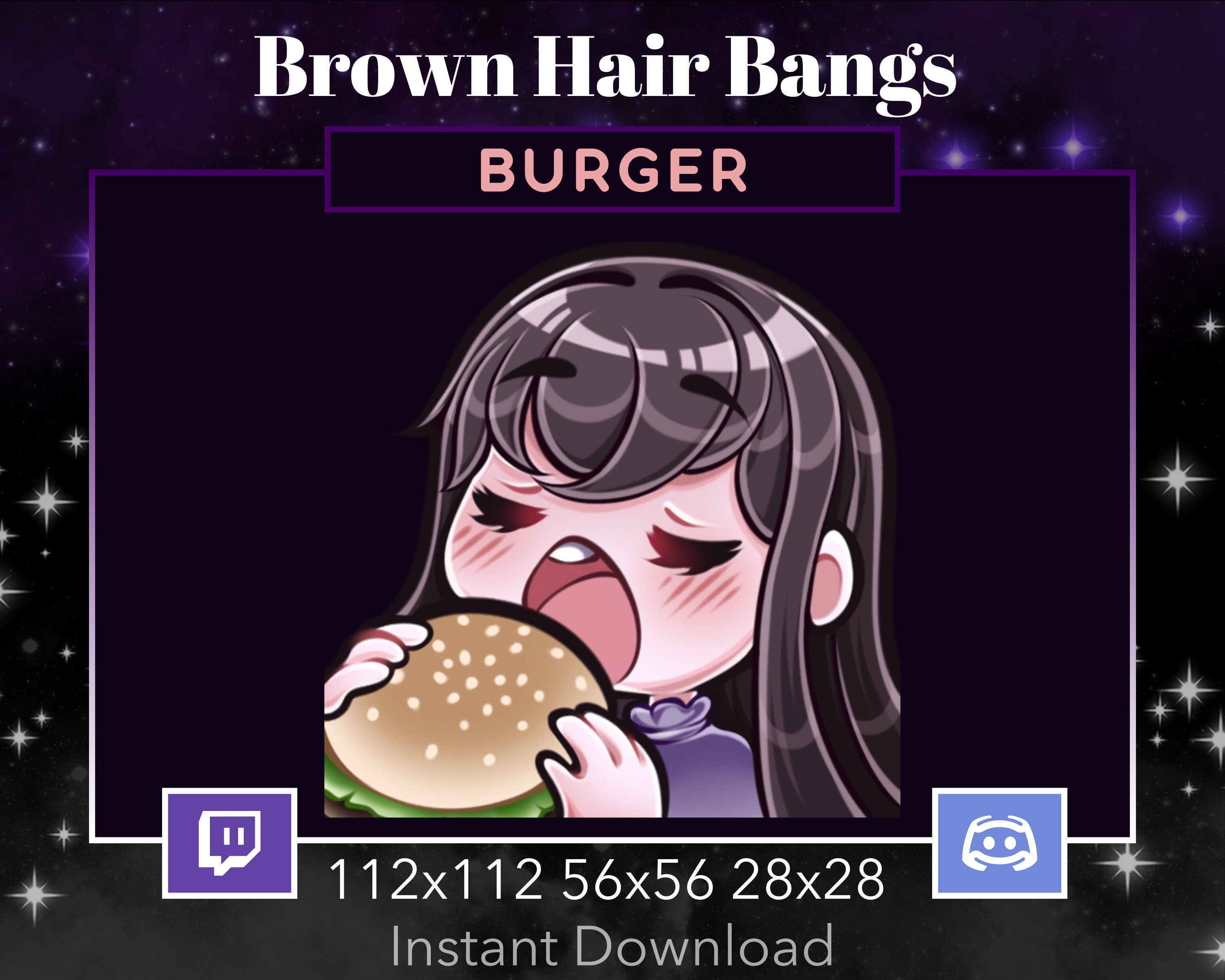 Chibi Girl Eating Burger Emote, Twitch, Discord, Stream, Brown Hair, Brown  Eyes, Bangs, Kawaii, Egirl, Gamer, Custom, Adorable, Slay, Uwu, image size:3000x2400