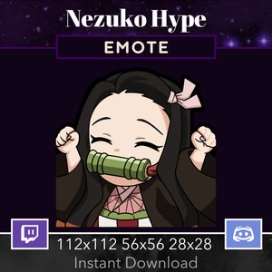 Pode incluir: Emote digital com um personagem de desenho animado com cabelo preto, um laço rosa e uma focinheira de bambu. O emote está em um fundo roxo escuro com o texto "Nezuko Hype" e "EMOTE". Inclui logotipos do Twitch e Discord.