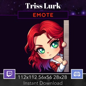 Puede incluir: Una ilustración de dibujos animados de una mujer con cabello rojo asomándose por una esquina. La imagen está en estilo chibi, con ojos grandes y un cuerpo pequeño. El fondo es de color morado oscuro con estrellas. El texto "EMOTE" está encima de la imagen, y el texto "112x112 56x56 28x28 Descarga instantánea" está debajo de la imagen.