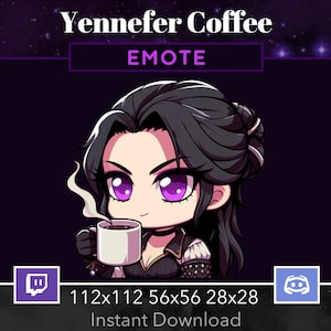 May include: A purple-haired anime-style character with purple eyes, wearing a black and silver outfit, is holding a white mug with a steaming beverage. The text "EMOTE" is above the character, and the text "112x112 56x56 28x28 Instant Download" is below the character. The background is a dark purple with white stars.