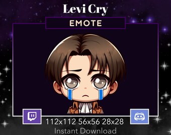 May include: A cartoon illustration of a character with brown hair and blue eyes crying. The character is wearing a brown jacket and white shirt. The image is labeled "Levi Cry EMOTE" and includes the text "112x112 56x56 28x28 Instant Download".