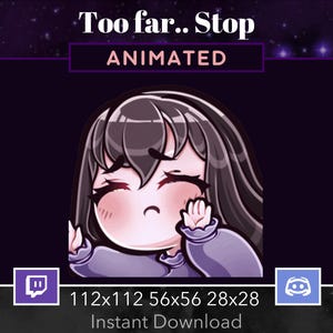 Könnte beinhalten: Animierte Twitch- und Discord-Emotes mit einem Cartoon-Mädchen mit braunen Haaren und einem lila Shirt. Der Text "Too far... Stop" und "ANIMATED" wird über dem Bild angezeigt. Das Bild enthält auch die Abmessungen "112x112 56x56 28x28" und den Text "Sofort herunterladen".
