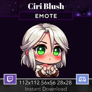 May include: A digital illustration of a cartoon character with white hair, green eyes, and a pink blush on her cheeks. The character is wearing a brown leather jacket and a white shirt. The image is labeled "Ciri Blush EMOTE" and includes the Twitch and Discord logos.
