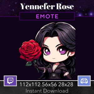 May include: A digital illustration of a cartoon character with long black hair, wearing a black dress and holding a red rose. The character has purple eyes and a small, smiling mouth. The background is a dark purple with stars. The text "Yennefer Rose" and "EMOTE" are at the top of the image. The text "112x112 56x56 28x28 Instant Download" is at the bottom of the image.