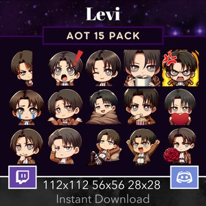 Puede incluir: Un conjunto de 15 pegatinas digitales que presentan un personaje de dibujos animados con diferentes expresiones. El personaje es un joven con cabello negro y ojos marrones. Las pegatinas son de varios tamaños: 112x112, 56x56 y 28x28 píxeles. El texto "Levi AOT 15 PACK" está en la parte superior de la imagen. El texto "Descarga instantánea" está en la parte inferior de la imagen.