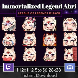 Op de afbeelding: Een set van 12 League of Legends Twitch-emotes met Ahri, een vosachtig personage met rode ogen en blond haar. De emotes zijn in verschillende poses en uitdrukkingen, waaronder glimlachen, huilen en knipogen. De emotes zijn beschikbaar in drie formaten: 112x112, 56x56 en 28x28. De tekst "Immortalized Legend Ahri" en "League of Legends 12 Pack" wordt bovenaan de afbeelding weergegeven. De tekst "Direct downloaden" wordt onderaan de afbeelding weergegeven.