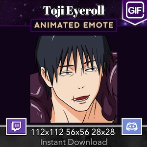 May include: Animated GIF of a man with black hair and a purple shirt rolling his eyes. The GIF is available in four sizes: 112x112, 56x56, 28x28. The text "Toji Eyeroll ANIMATED EMOTE" is at the top of the image. The text "Instant Download" is at the bottom of the image.