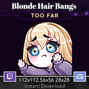 Könnte beinhalten: Eine Cartoon-Illustration eines blonden Mädchens mit blauen Augen, das einen lila Pullover trägt, mit dem Text "TOO FAR" darüber. Das Bild ist vor einem dunkelvioletten Hintergrund mit weißen Sternen platziert.