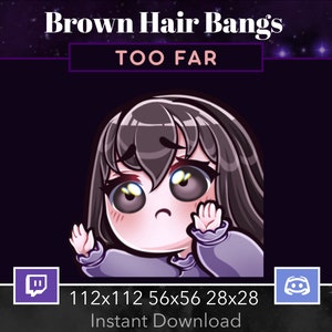 Könnte beinhalten: Eine digitale Illustration einer Comicfigur mit braunen Haaren und großen Augen. Die Figur trägt ein lilafarbenes Hemd und hat einen überraschten Ausdruck. Der Text "TOO FAR" wird über der Figur angezeigt. Das Bild enthält Symbole für Twitch und Discord.