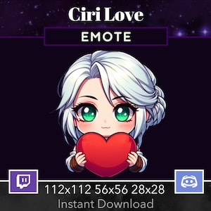May include: A cartoon illustration of Ciri from The Witcher video game series, with white hair and green eyes, holding a red heart. The text "Ciri Love" and "EMOTE" are above the image. The image is set against a dark purple background with white stars.