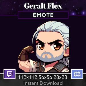 May include: A cartoon illustration of a white-haired man with a beard flexing his bicep. The image is in a purple and black frame with the text "Geralt Flex" and "EMOTE" in white. The image is surrounded by a starry background.