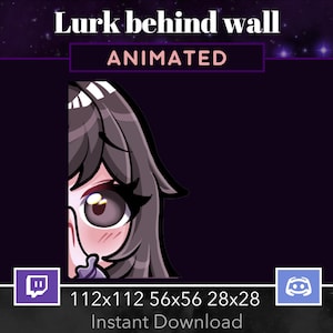 Puede incluir: Imagen de perfil animada de Twitch y Discord de una chica con cabello castaño asomándose desde detrás de una pared. El texto "Lurk behind wall" y "ANIMATED" es visible. La imagen incluye los tamaños 112x112, 56x56, 28x28 y el texto "Instant Download".