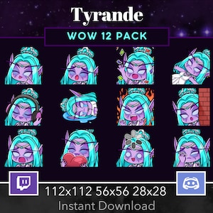 Peut inclure: Un ensemble de 12 émojis numériques Twitch et Discord représentant un personnage aux cheveux violets et à la peau bleue avec une couronne. Les émojis sont dans différentes poses et expressions. Le texte "Tyrande WOW 12 PACK" est en haut de l'image. Le texte "112x112 56x56 28x28 Téléchargement instantané" est en bas de l'image.