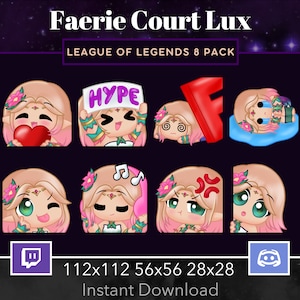 May include: A set of eight League of Legends digital stickers featuring a pink-haired character with different expressions. The stickers are available in three sizes: 112x112, 56x56, and 28x28 pixels. The text "Faerie Court Lux" and "League of Legends 8 Pack" are displayed at the top of the image. The text "Instant Download" is displayed at the bottom of the image.