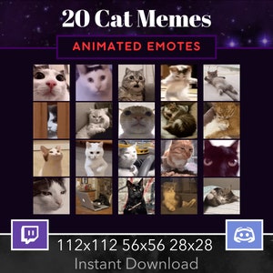 May include: A collage of 20 animated cat memes, featuring various cat expressions and poses. The images are arranged in a grid with a purple background and stars. The text "20 Cat Memes" and "Animated Emotes" is displayed at the top. The bottom of the image shows the Twitch and Discord logos, along with the text "112x112 56x56 28x28" and "Instant Download".