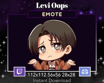 May include: A cartoon character with brown hair and brown eyes is shown with a confused expression. The character is wearing a brown jacket with a belt and a white shirt. The character is shown with both arms outstretched. The text "Levi Oops" is shown in white letters on a purple background. The text "EMOTE" is shown in white letters on a gold background. The text "112x112 56x56 28x28" is shown in white letters on a black background. The text "Instant Download" is shown in white letters on a black background. The image is set against a dark purple background with white stars.