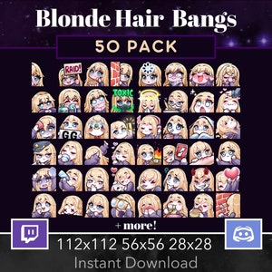 Può includere: Un set di 50 emote digitali Twitch e Discord che mostrano un personaggio con i capelli biondi e la frangia. Le emote sono in varie pose ed espressioni, tra cui sorridere, strizzare l'occhio e tenere cartelli. Il testo "50 PACK" e "112x112 56x56 28x28" è visibile nella parte superiore dell'immagine.