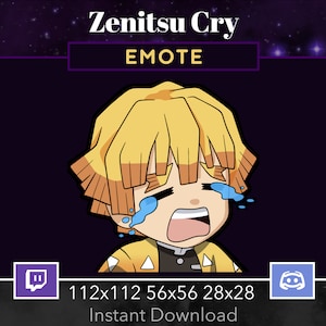 Pode incluir: Uma ilustração de desenho animado de um personagem de anime de cabelo amarelo com uma expressão triste, chorando lágrimas azuis. O personagem está vestindo uma camisa com padrão amarelo e preto. A imagem é rotulada como "Zenitsu Cry EMOTE" e inclui os logotipos do Twitch e Discord. O texto "112x112 56x56 28x28 Download instantâneo" também está incluído.
