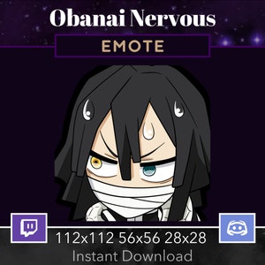 Pode incluir: Uma ilustração digital de um personagem de desenho animado com cabelo preto, uma bandagem branca sobre a boca e olhos amarelos e azuis. O personagem está olhando para a direita com uma expressão nervosa. O texto "Obanai Nervous" e "EMOTE" estão acima do personagem. O texto "112x112 56x56 28x28 Download instantâneo" está abaixo do personagem. A imagem está sobre um fundo roxo escuro com estrelas brancas.
