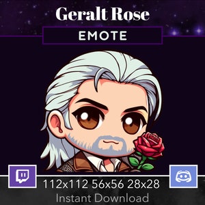 以下が含まれることがあります： ウィッチャービデオゲームシリーズのキャラクター、ゲラルト・オブ・リビアの漫画イラストで、赤いバラを持っています。画像は「ゲラルトローズEMOTE」とラベル付けされており、「112x112 56x56 28x28 インスタントダウンロード」というテキストが含まれています。