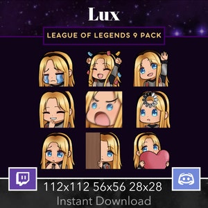 Puede incluir: Un conjunto de nueve emoticonos de personajes de League of Legends con Lux, un personaje femenino con cabello rubio y ojos azules. Los emoticonos están en varias poses y expresiones, incluyendo llorar, reír, sorprenderse y sostener un corazón. Los emoticonos están disponibles en tres tamaños: 112x112, 56x56 y 28x28. El texto "League of Legends 9 Pack" se muestra arriba de los emoticonos, y el texto "Descarga instantánea" se muestra debajo de los emoticonos.