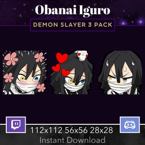May include: A set of three digital stickers featuring the Demon Slayer character Obanai Iguro. The stickers are in three different sizes: 112x112, 56x56, and 28x28 pixels. The stickers are designed for use on Twitch and Discord.